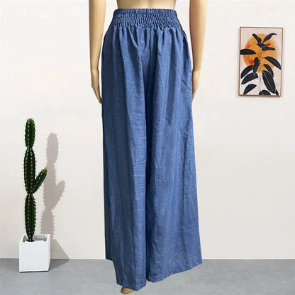 High Waist Solid Color Wide Leg Pants Summer Chic Loose Elegant Metal Flared Pant Office Ladies Straight Holiday Women Trousers