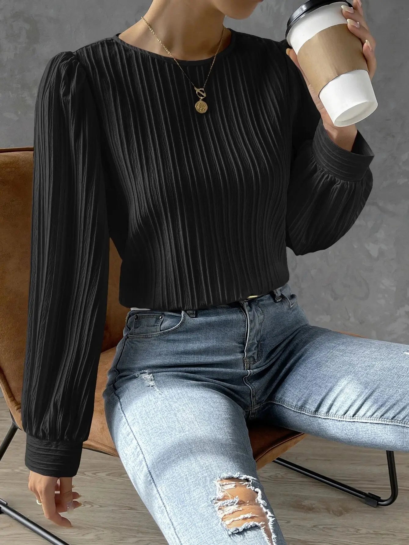 2023 Fall New Casual Solid Round Neck Long Sleeve Shirts White Women's Blouses