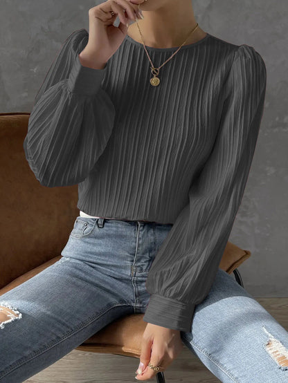 2023 Fall New Casual Solid Round Neck Long Sleeve Shirts White Women's Blouses