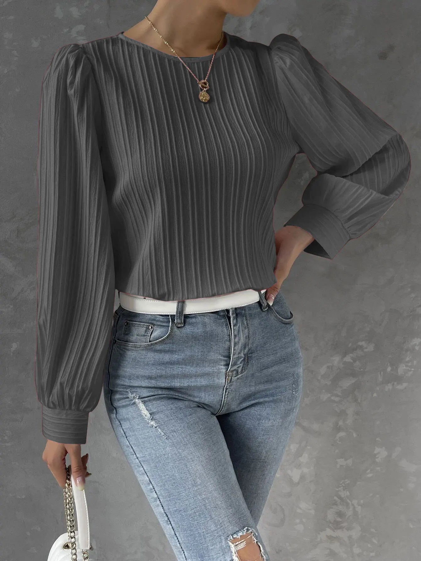 2023 Fall New Casual Solid Round Neck Long Sleeve Shirts White Women's Blouses