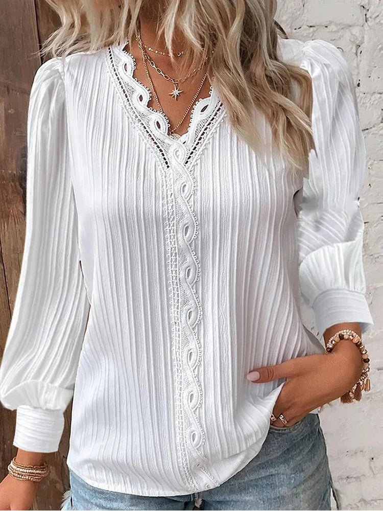 2024 Women Lace Stitching Shirt Solid V-neck Simple Black Chiffon Decoration Hollow Out Fashion Elegant Top Office Lady Blouse