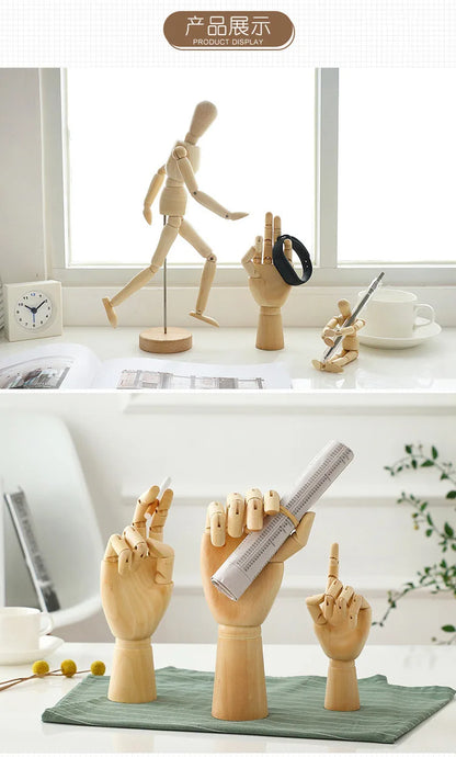 Wooden Hand Figurines Rotatable Joint Hand Model Drawing Sketch Mannequin Miniatures Office Home Desktop Room Decoration