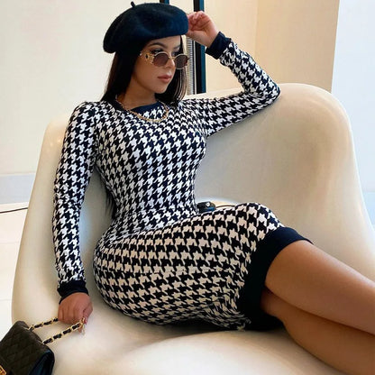 Houndstooth Print Women Long Sleeve Midi Dress Hollow Out Bodycon Sexy Streetwear 2022 Autumn Winter Club Elegant Slim