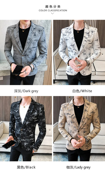 Men Blazer 2024 Spring Fashion High-quality Men Korean Version of The Printed Slim Formal Wedding Party Prom Suit Jacket