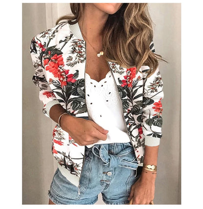 Jocoo Jolee Women Elegant Zipper Bomber Jacket Spring Autumn Floral Printed Jackets Office Wear Slim Office Coat Retro Outwear