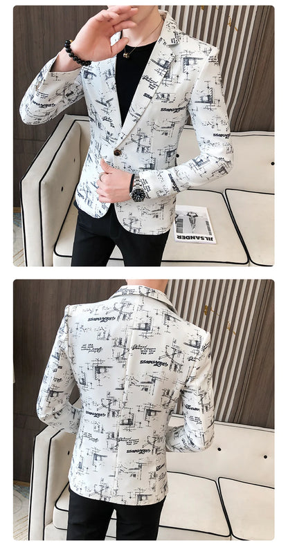 Men Blazer 2024 Spring Fashion High-quality Men Korean Version of The Printed Slim Formal Wedding Party Prom Suit Jacket