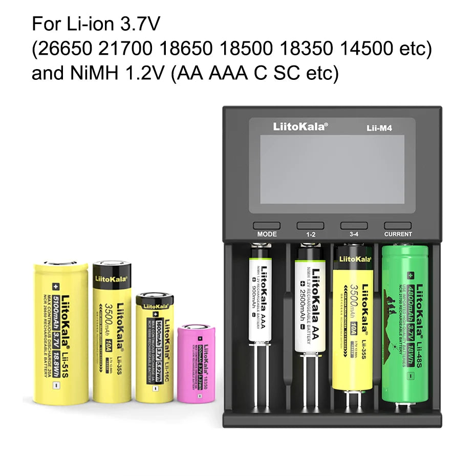 LiitoKala Lii-M4 18650 Charger LCD Display Universal Smart Charger Test Capacity 26650 18650 21700 AA AAA Battery 4slot 5V 2A