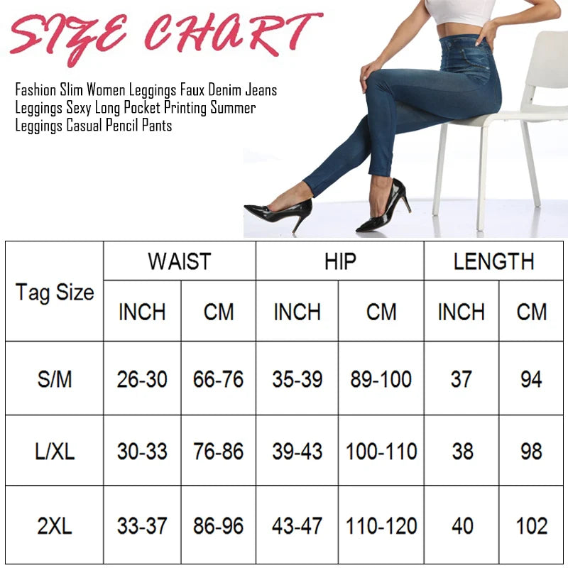 Push Up Seamless High Waist Faux Denim Leggings Women Casual Elastic Pocket Jeans Print Pants Skinny Pencil Leggins Mujer