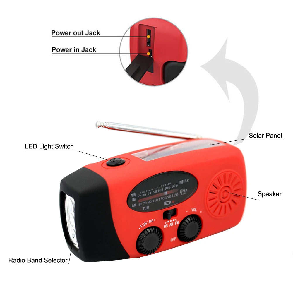 Multifunctional Solar Hand Crank Radio FM AM WB NOAA Weather Radio 2000mAh USB Charging Emergency LED Flashlight Power Ban