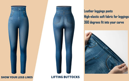 Push Up Seamless High Waist Faux Denim Leggings Women Casual Elastic Pocket Jeans Print Pants Skinny Pencil Leggins Mujer