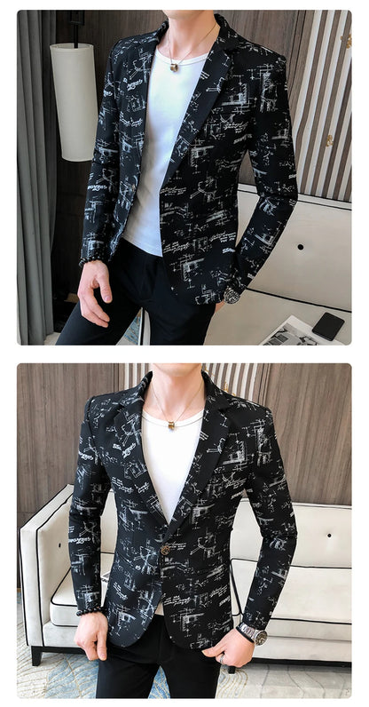 Men Blazer 2024 Spring Fashion High-quality Men Korean Version of The Printed Slim Formal Wedding Party Prom Suit Jacket