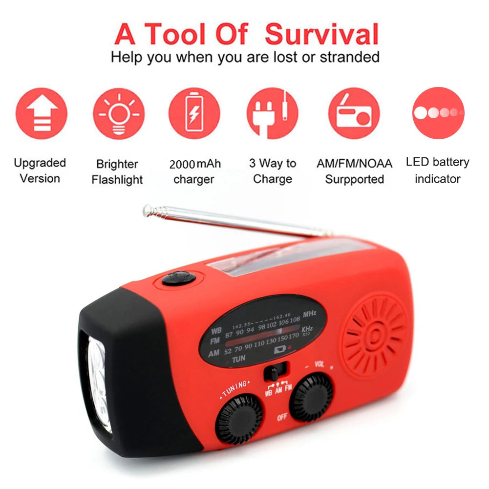 Multifunctional Solar Hand Crank Radio FM AM WB NOAA Weather Radio 2000mAh USB Charging Emergency LED Flashlight Power Ban