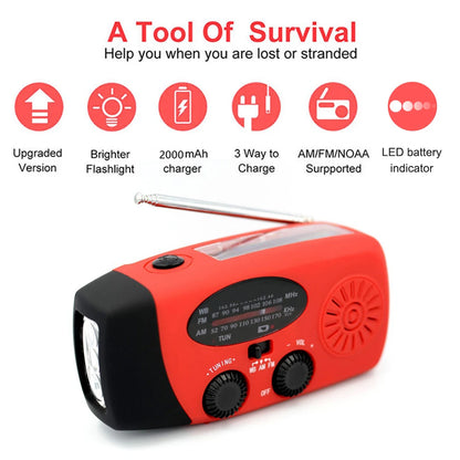 Multifunctional Solar Hand Crank Radio FM AM WB NOAA Weather Radio 2000mAh USB Charging Emergency LED Flashlight Power Ban