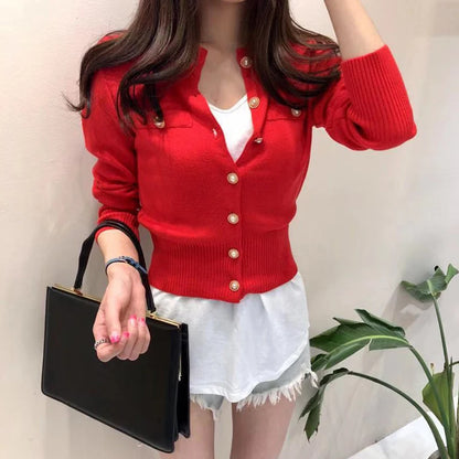 Autumn Long Sleeve Fashion Women Cardigans Sweater Knitted Coat Short Casual Single Breasted Korean Slim Chic Ladies Tops 17375