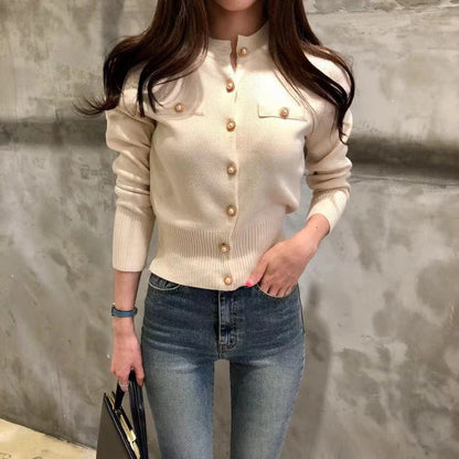 Autumn Long Sleeve Fashion Women Cardigans Sweater Knitted Coat Short Casual Single Breasted Korean Slim Chic Ladies Tops 17375