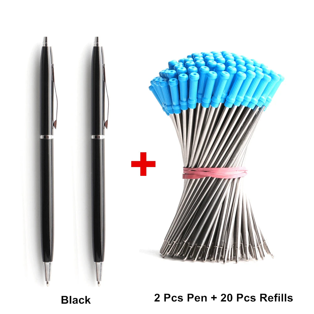 2+20 Pcs/Set Metal Ballpoint Pen With Refills For School Office Stainless Steel Material Ball Pen Black Blue Refill Ink