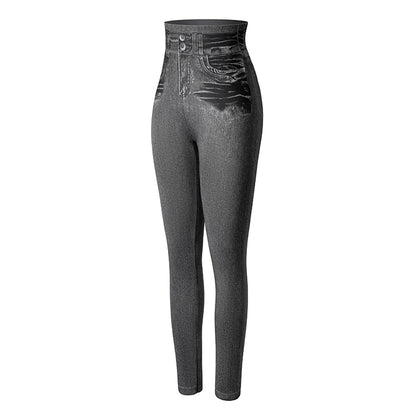 Push Up Seamless High Waist Faux Denim Leggings Women Casual Elastic Pocket Jeans Print Pants Skinny Pencil Leggins Mujer