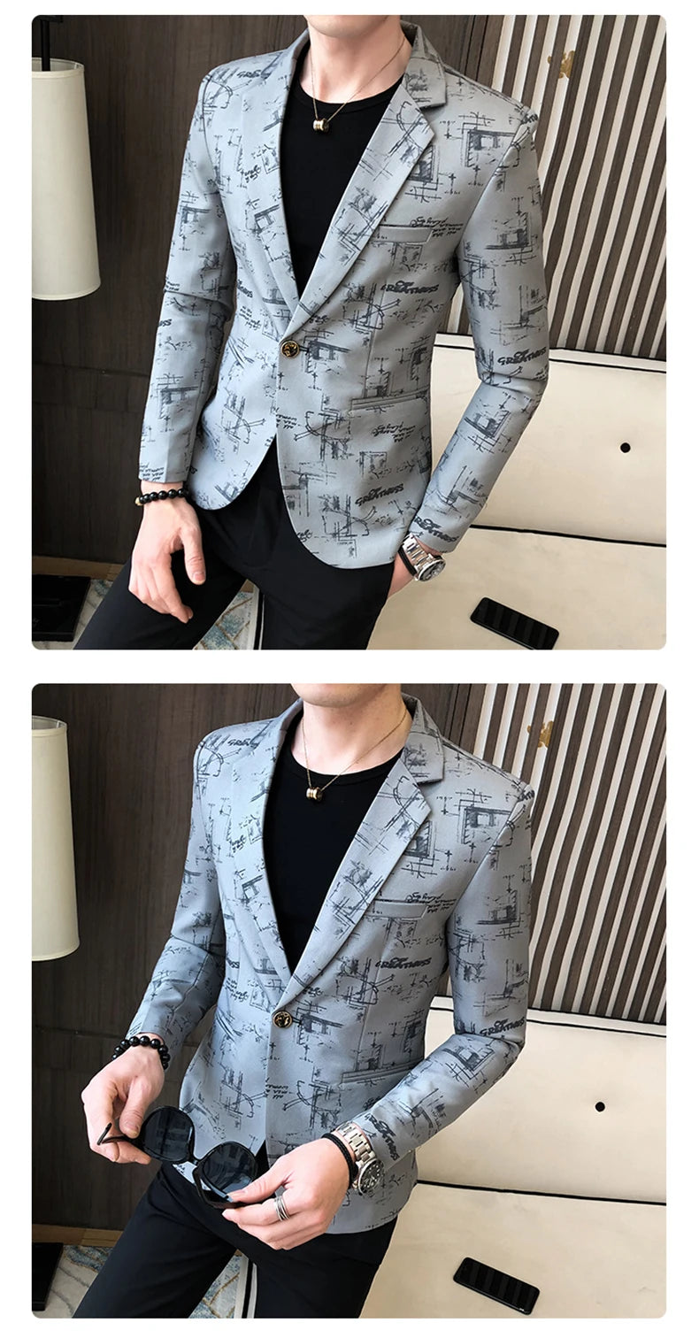 Men Blazer 2024 Spring Fashion High-quality Men Korean Version of The Printed Slim Formal Wedding Party Prom Suit Jacket