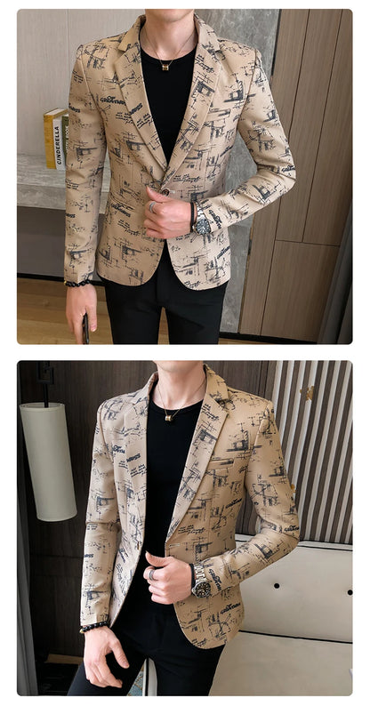 Men Blazer 2024 Spring Fashion High-quality Men Korean Version of The Printed Slim Formal Wedding Party Prom Suit Jacket