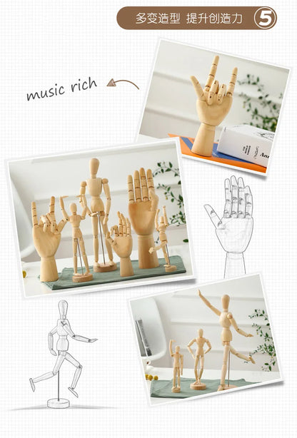 Wooden Hand Figurines Rotatable Joint Hand Model Drawing Sketch Mannequin Miniatures Office Home Desktop Room Decoration