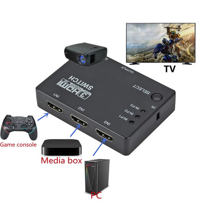 Grwibeou HDMI Splitter 3 In 1 Out Switcher 3 Port Hub Box Auto Switch 3x1 1080p HD 1.4 With Remote Control for HDTV XBOX360 PS3