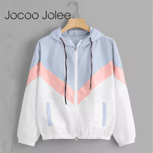 Fashion Hooded Windbreaker Jacket Women Elegant Color Block Patchwork Zipper Bomber Jacket Autumn Casual Coat Outerwear Raincoat