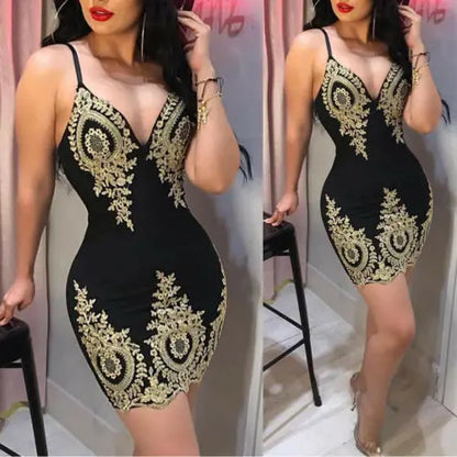 Women's Bandage Bodycon V-neck Sleeveless Embroidery Sexy arrival Dress Evening Party Club Short Mini Dress