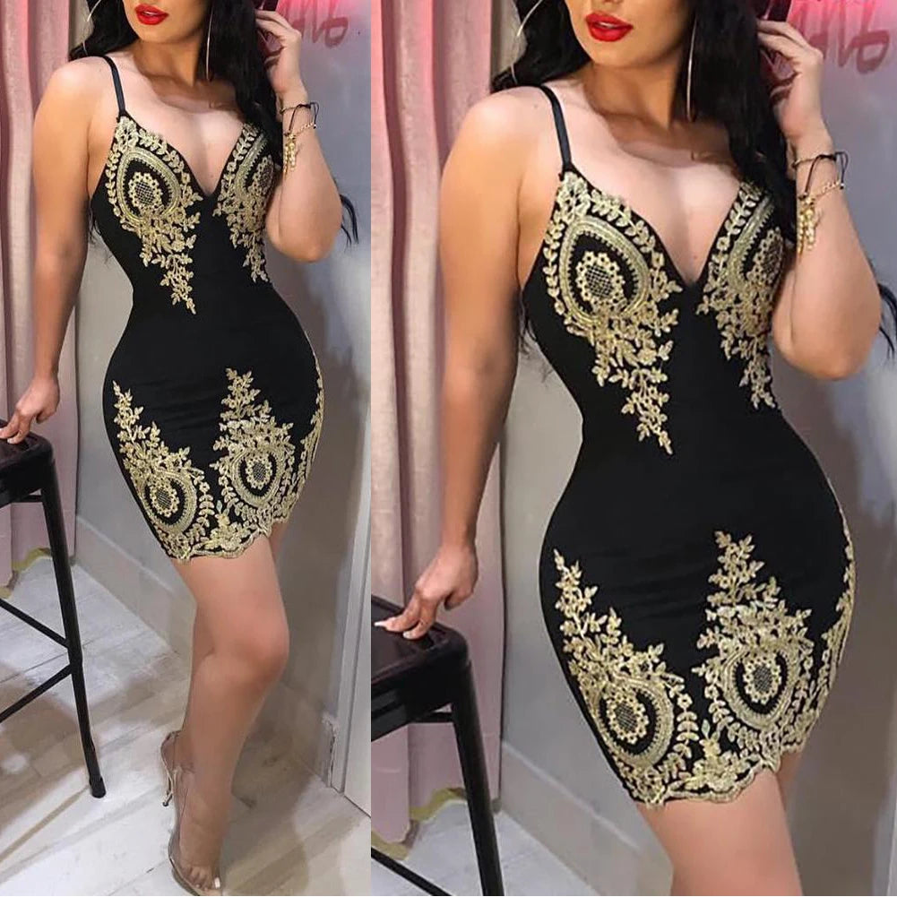 Women's Bandage Bodycon V-neck Sleeveless Embroidery Sexy arrival Dress Evening Party Club Short Mini Dress