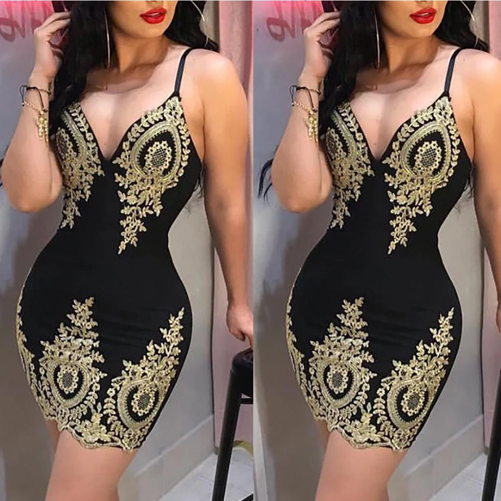 Women's Bandage Bodycon V-neck Sleeveless Embroidery Sexy arrival Dress Evening Party Club Short Mini Dress