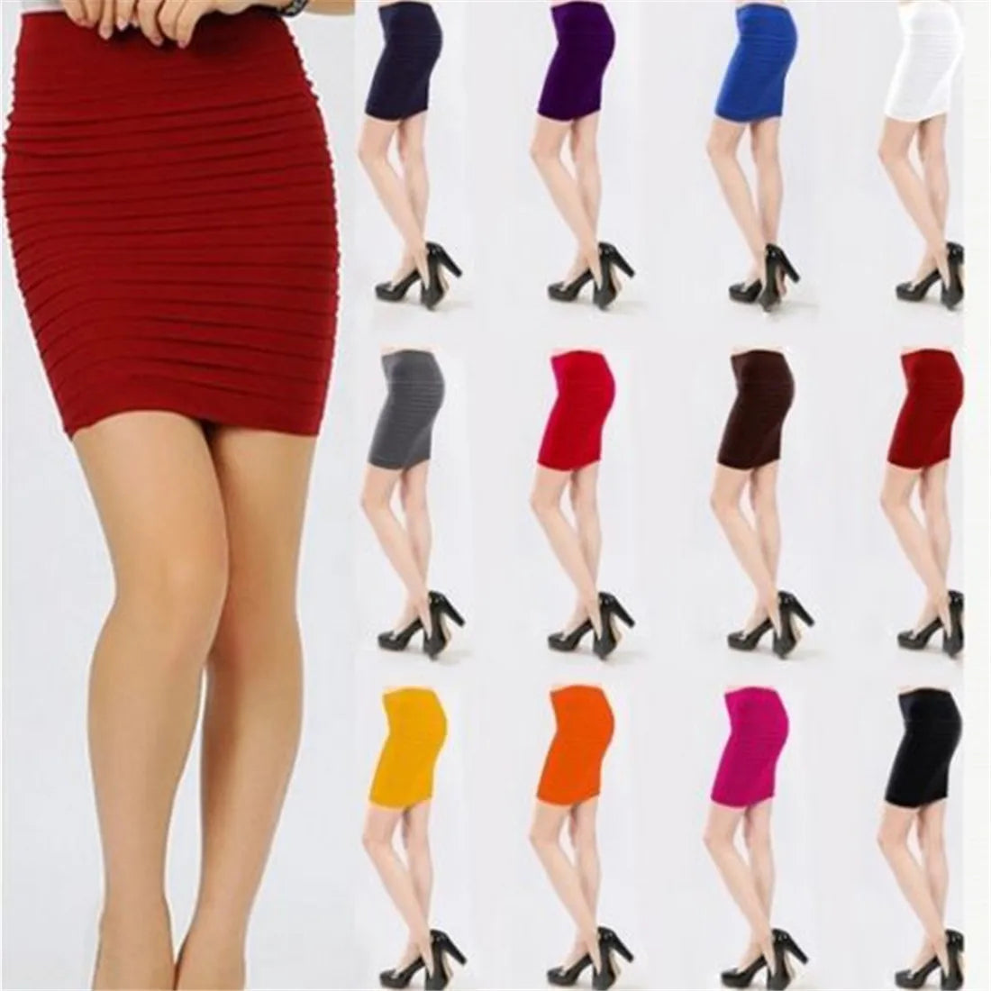 Elastic Pleated Skirt High Waist Bodycon Mini Skirt Business Office Cheap Short Pencil Skirts Solid Color Pink Black Blue Hot