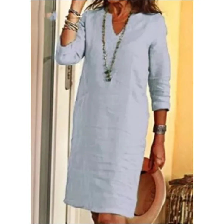 Vintage Women Solid Mini Dress Summer Fashion V-neck Three Quater Sleeve Cotton Linen Dress Ladies Casual Holiday Vestidos