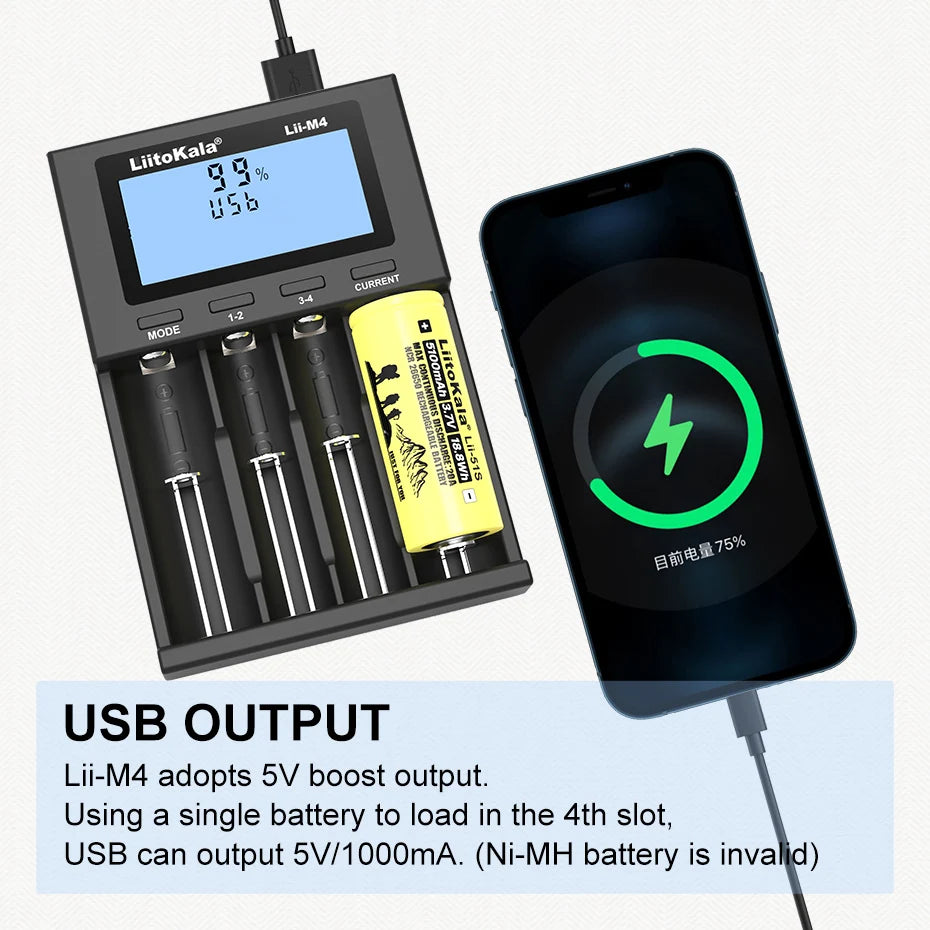 LiitoKala Lii-M4 18650 Charger LCD Display Universal Smart Charger Test Capacity 26650 18650 21700 AA AAA Battery 4slot 5V 2A