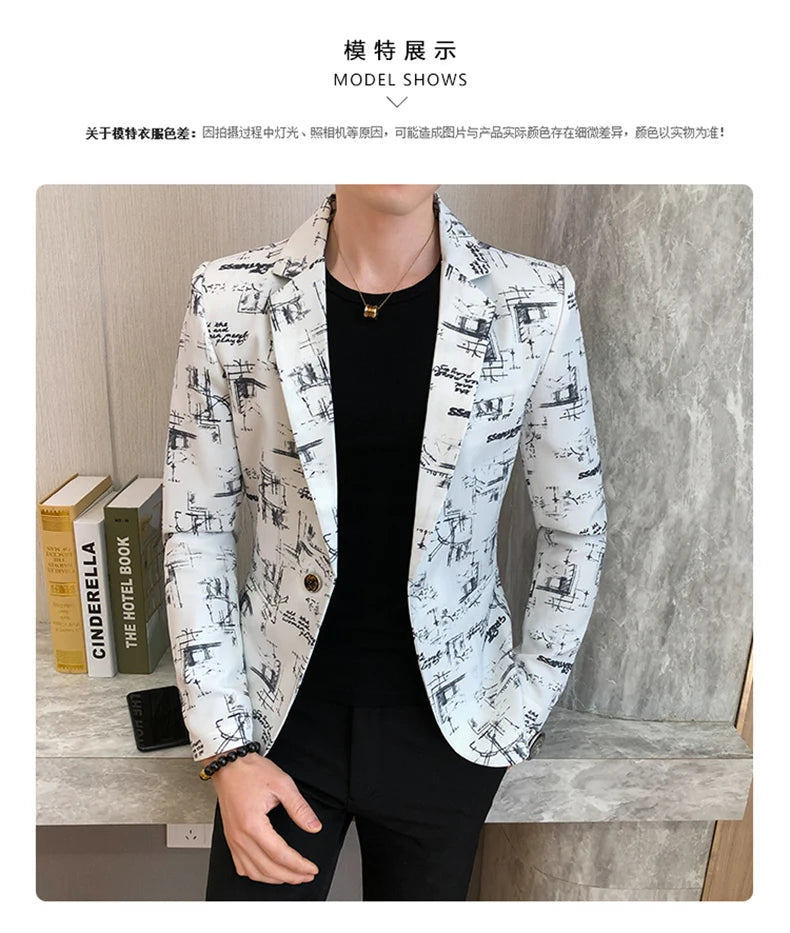 Men Blazer 2024 Spring Fashion High-quality Men Korean Version of The Printed Slim Formal Wedding Party Prom Suit Jacket