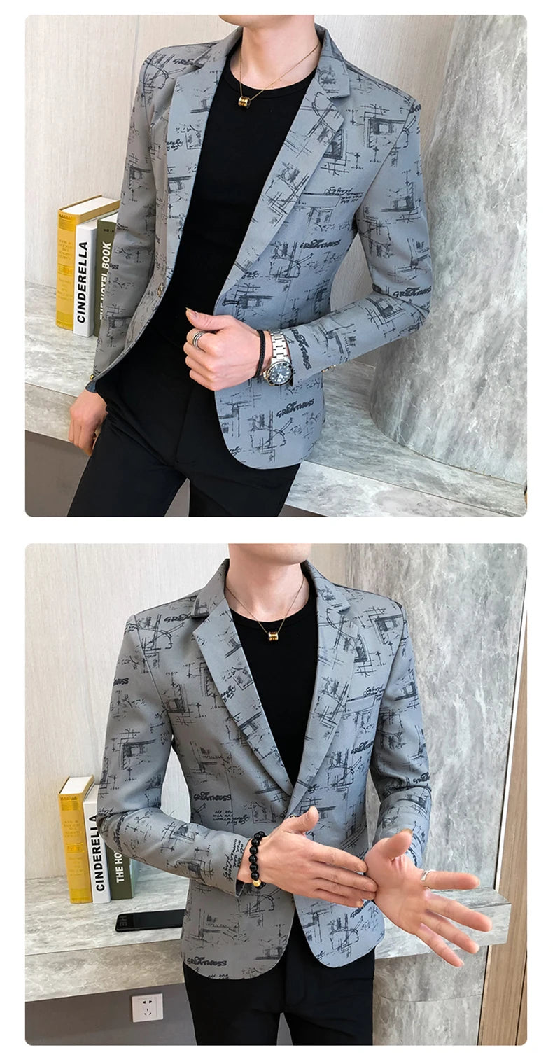 Men Blazer 2024 Spring Fashion High-quality Men Korean Version of The Printed Slim Formal Wedding Party Prom Suit Jacket