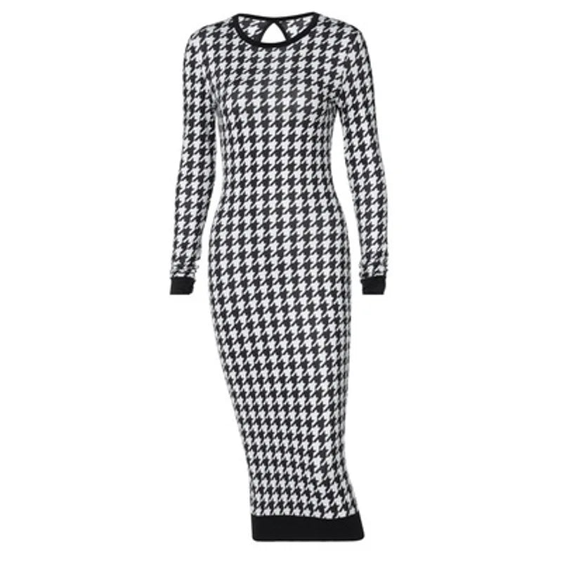 Houndstooth Print Women Long Sleeve Midi Dress Hollow Out Bodycon Sexy Streetwear 2022 Autumn Winter Club Elegant Slim