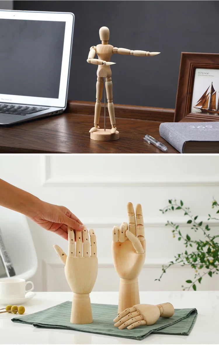 Wooden Hand Figurines Rotatable Joint Hand Model Drawing Sketch Mannequin Miniatures Office Home Desktop Room Decoration