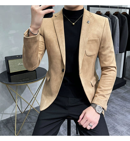 Men's Deerskin Fleece Jacket Suit Coat Blazer Men's Business Leisure Slim Fit Brand Fashion High Quality Single Button Suit Coat