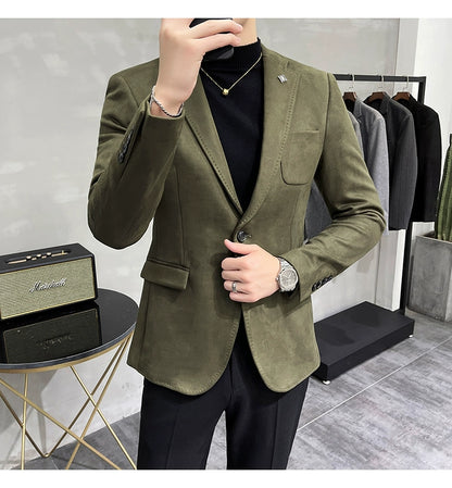 Men's Deerskin Fleece Jacket Suit Coat Blazer Men's Business Leisure Slim Fit Brand Fashion High Quality Single Button Suit Coat