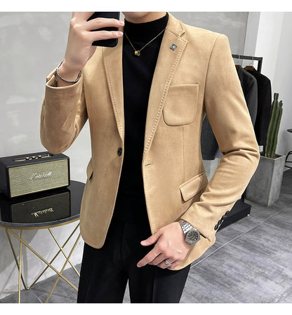 Men's Deerskin Fleece Jacket Suit Coat Blazer Men's Business Leisure Slim Fit Brand Fashion High Quality Single Button Suit Coat