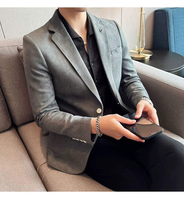 New Fashion Suit Coat Men's Slim Fit Deerskin Velvet Elegant Luxury Blazer Coat Business Casual Wedding Plus Size Suit 4XL-S