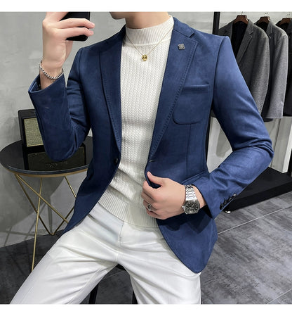 Men's Deerskin Fleece Jacket Suit Coat Blazer Men's Business Leisure Slim Fit Brand Fashion High Quality Single Button Suit Coat