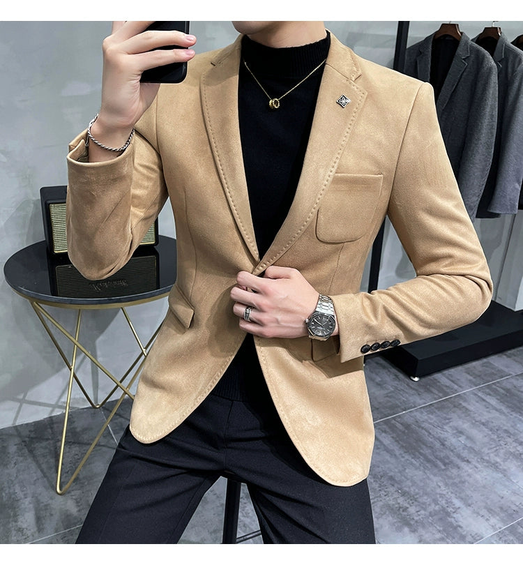 Men's Deerskin Fleece Jacket Suit Coat Blazer Men's Business Leisure Slim Fit Brand Fashion High Quality Single Button Suit Coat