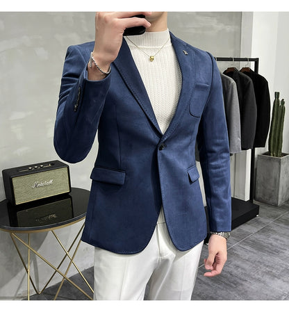 Men's Deerskin Fleece Jacket Suit Coat Blazer Men's Business Leisure Slim Fit Brand Fashion High Quality Single Button Suit Coat