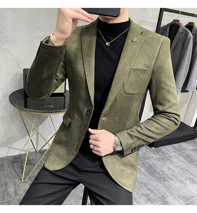 Men's Deerskin Fleece Jacket Suit Coat Blazer Men's Business Leisure Slim Fit Brand Fashion High Quality Single Button Suit Coat