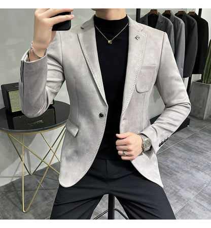 Men's Deerskin Fleece Jacket Suit Coat Blazer Men's Business Leisure Slim Fit Brand Fashion High Quality Single Button Suit Coat