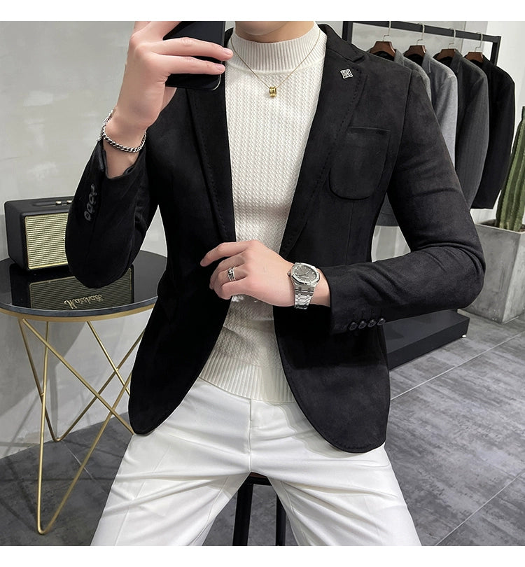 Men's Deerskin Fleece Jacket Suit Coat Blazer Men's Business Leisure Slim Fit Brand Fashion High Quality Single Button Suit Coat