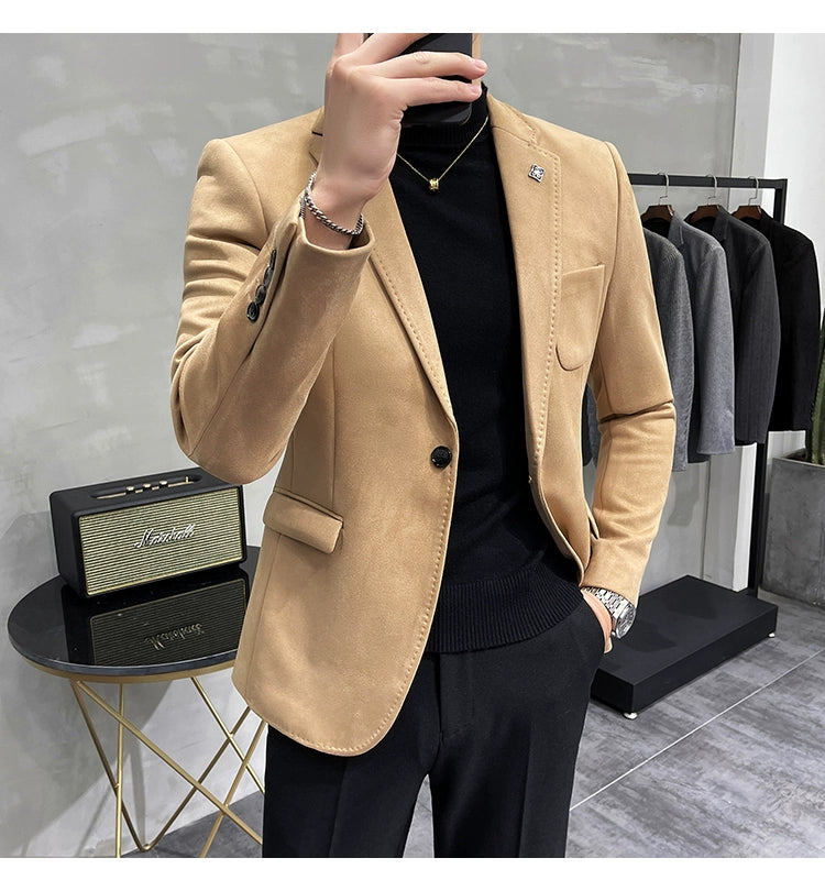 Men's Deerskin Fleece Jacket Suit Coat Blazer Men's Business Leisure Slim Fit Brand Fashion High Quality Single Button Suit Coat