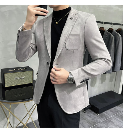 Men's Deerskin Fleece Jacket Suit Coat Blazer Men's Business Leisure Slim Fit Brand Fashion High Quality Single Button Suit Coat