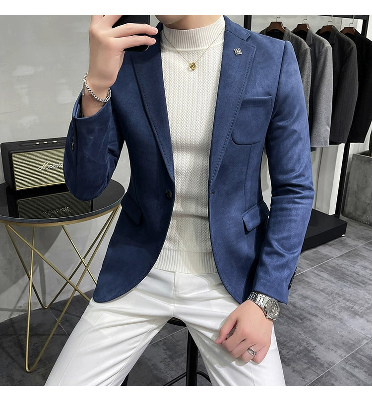 Men's Deerskin Fleece Jacket Suit Coat Blazer Men's Business Leisure Slim Fit Brand Fashion High Quality Single Button Suit Coat