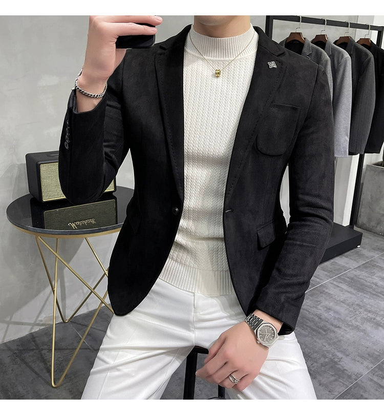 Men's Deerskin Fleece Jacket Suit Coat Blazer Men's Business Leisure Slim Fit Brand Fashion High Quality Single Button Suit Coat